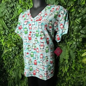 Divine Women 2XL Blue Scrubs Tops Holiday Christmas Nurse‎ Caregiver NWT 0955